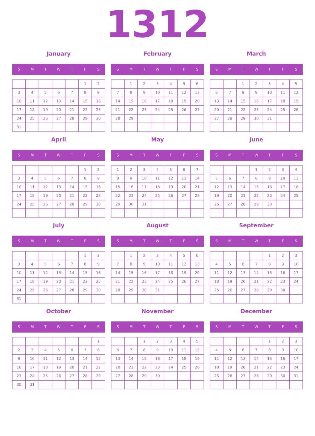 Printable 1312 Year Calendars purple