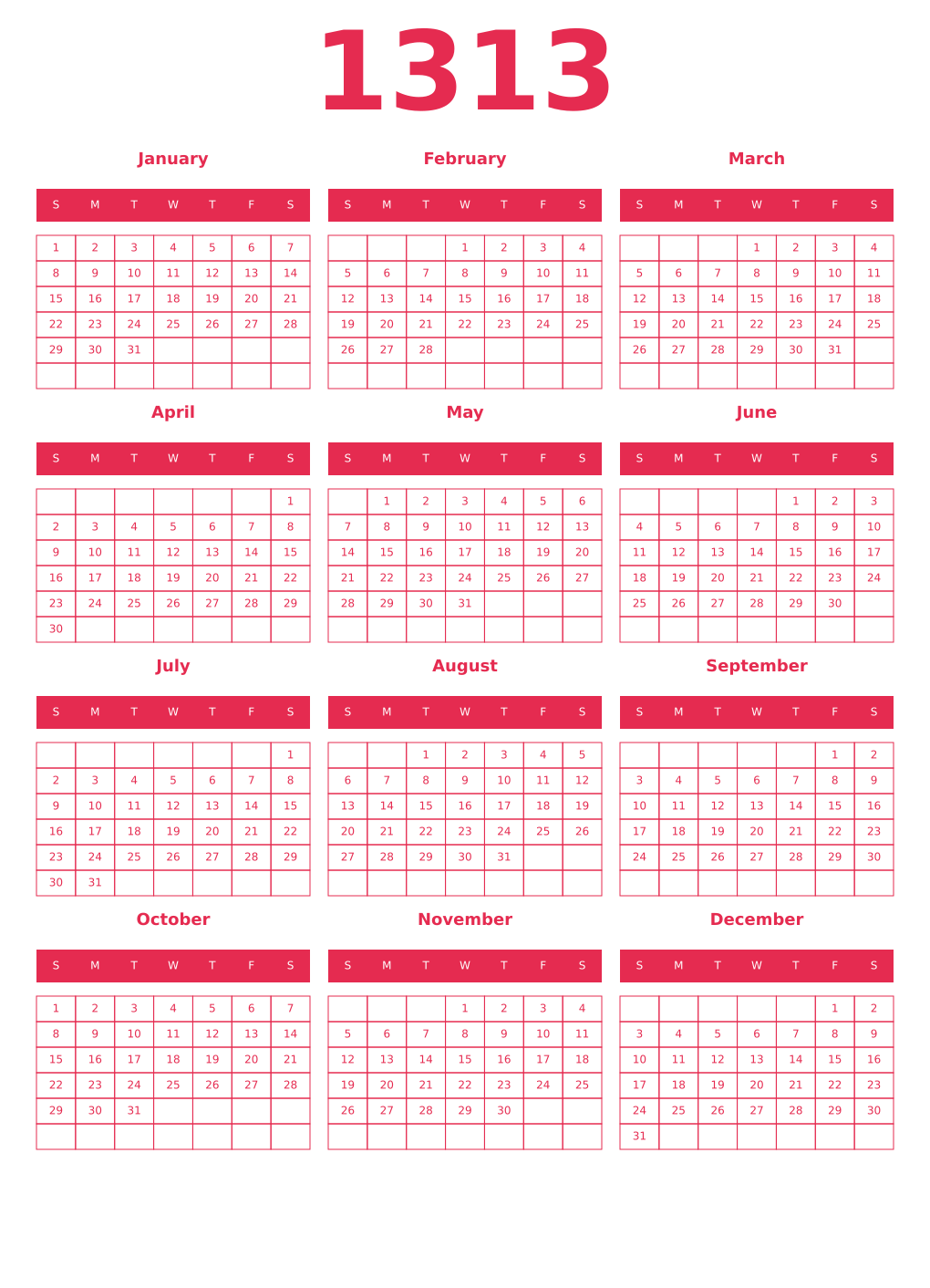 Printable 1313 Year Calendars amaranth