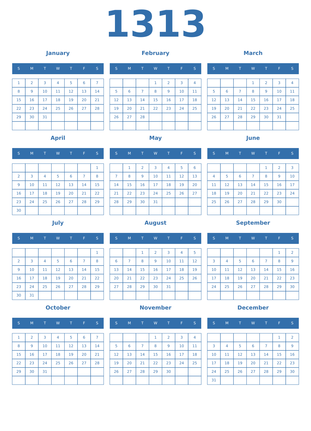 Printable 1313 Year Calendars blue