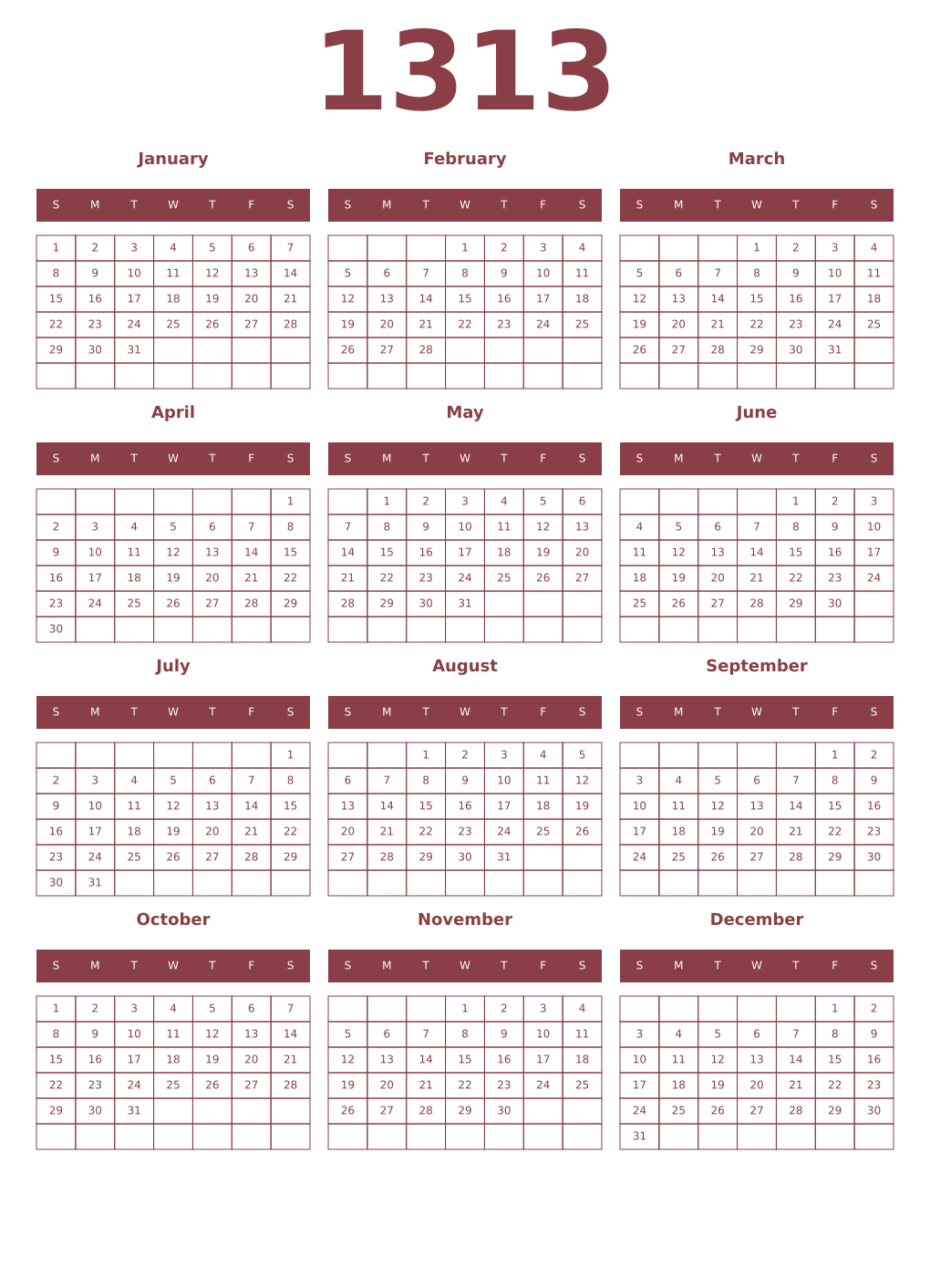 Printable 1313 Year Calendars cordovan