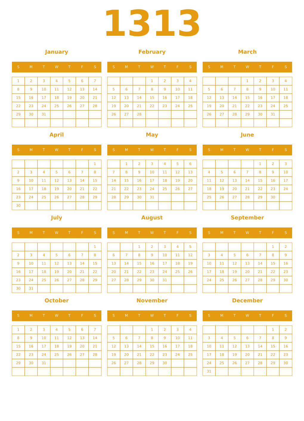 Printable 1313 Year Calendars gamboge