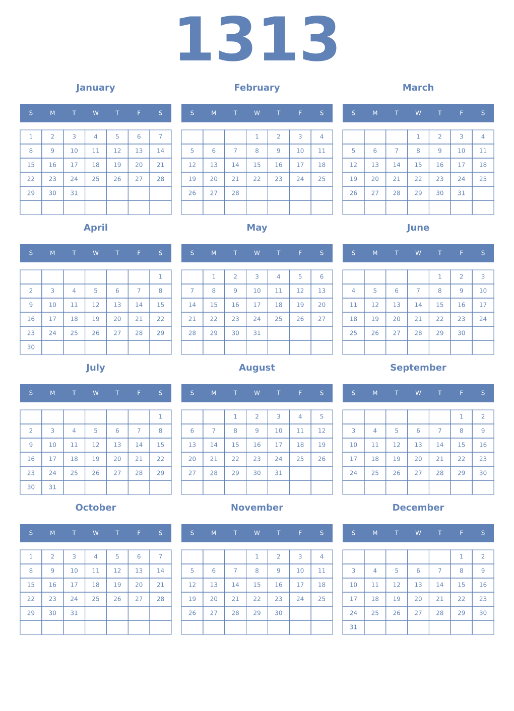 Printable 1313 Year Calendars glaucous