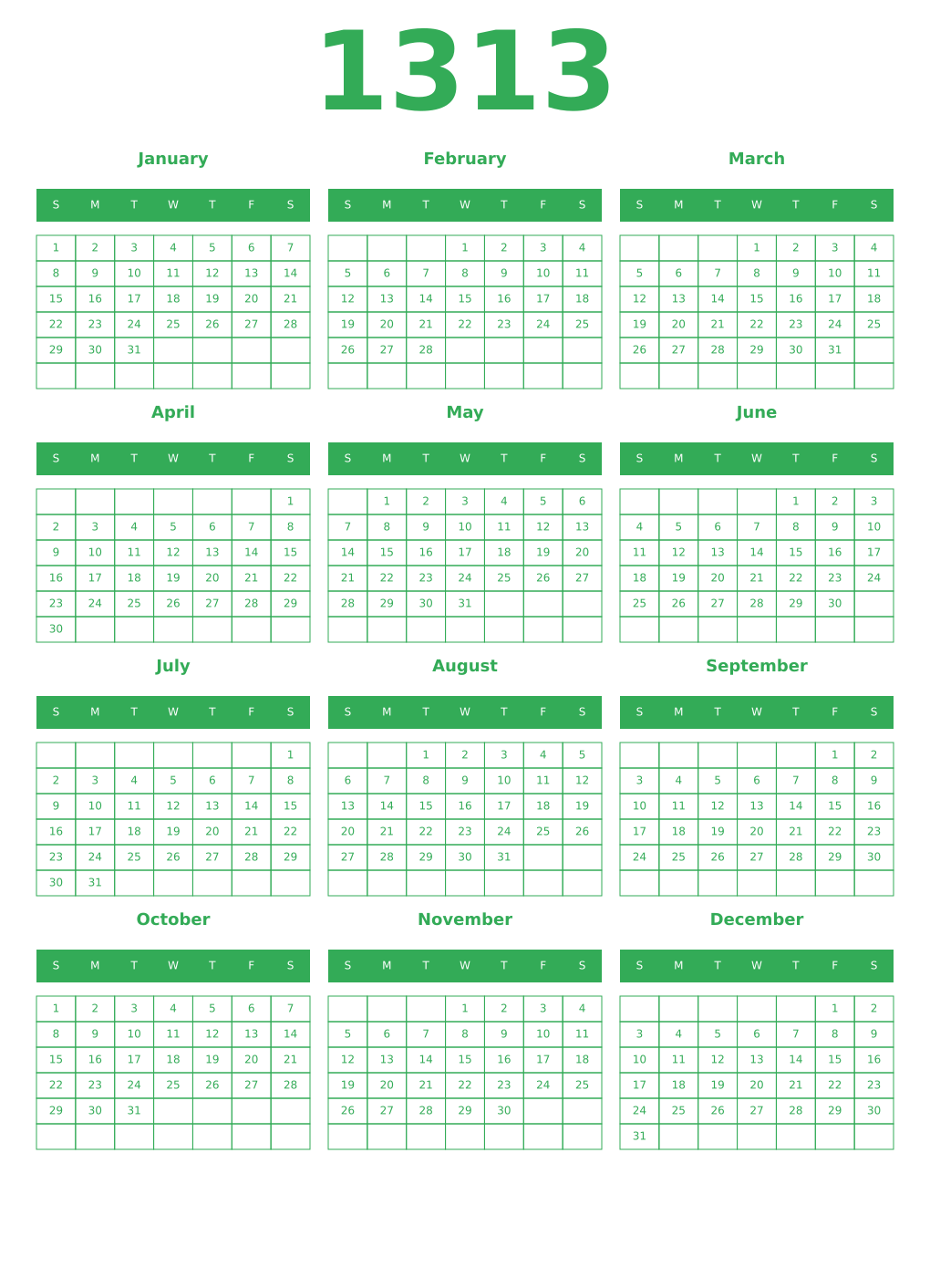 Printable 1313 Year Calendars green