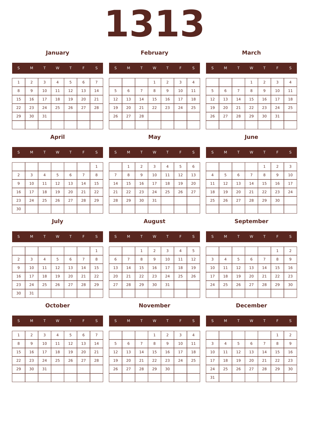 Printable 1313 Year Calendars mortuum