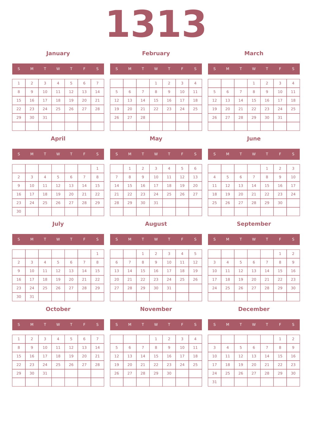 Printable 1313 Year Calendars puce