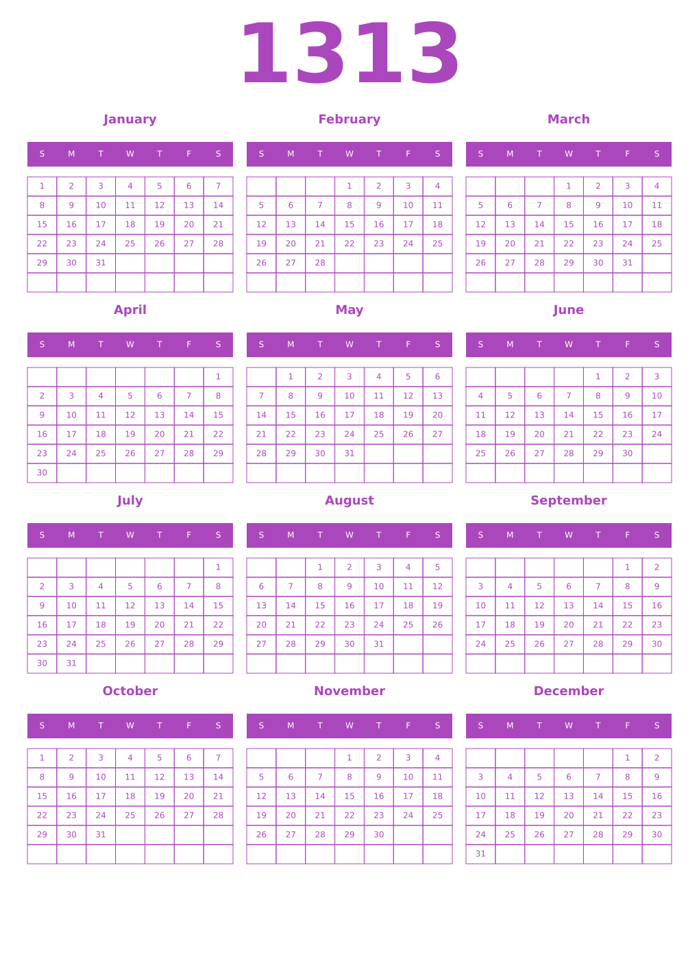 Printable 1313 Year Calendars purple