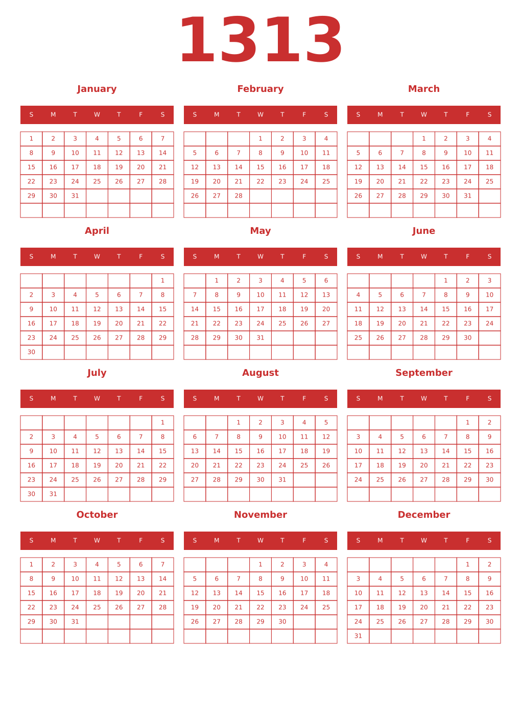 Printable 1313 Year Calendars red