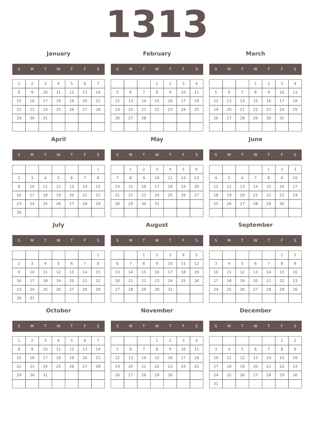 Printable 1313 Year Calendars wenge
