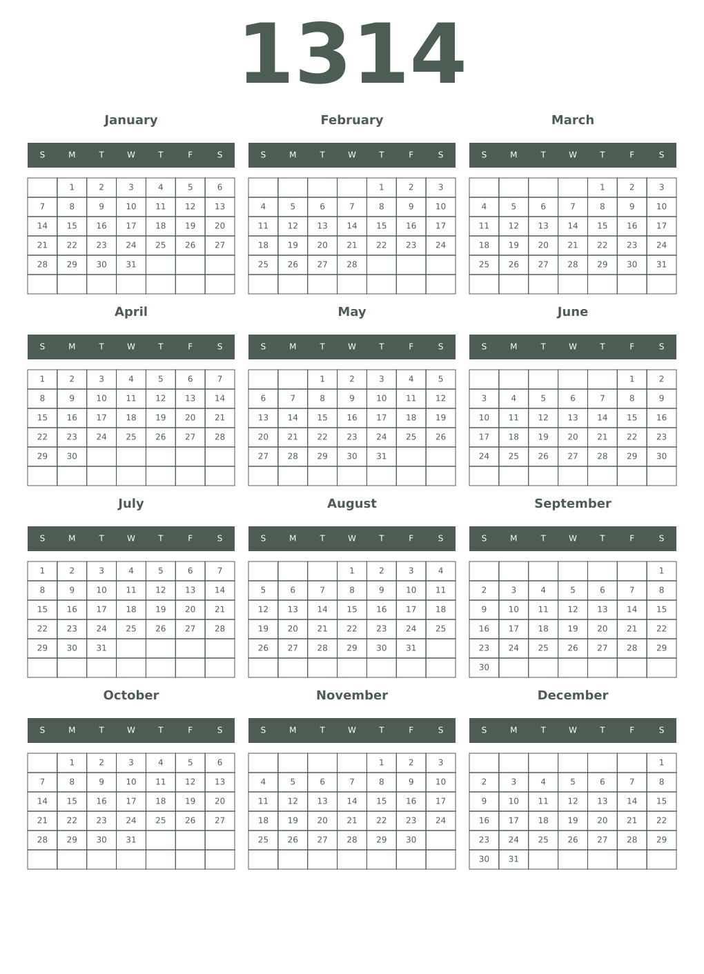 Printable 1314 Year Calendars feldgrau