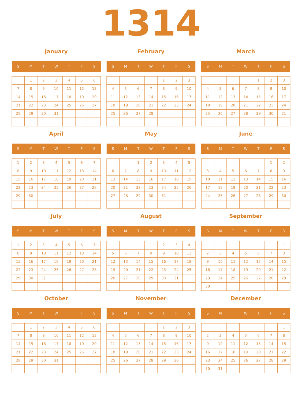 Printable 1314 Year Calendars orange