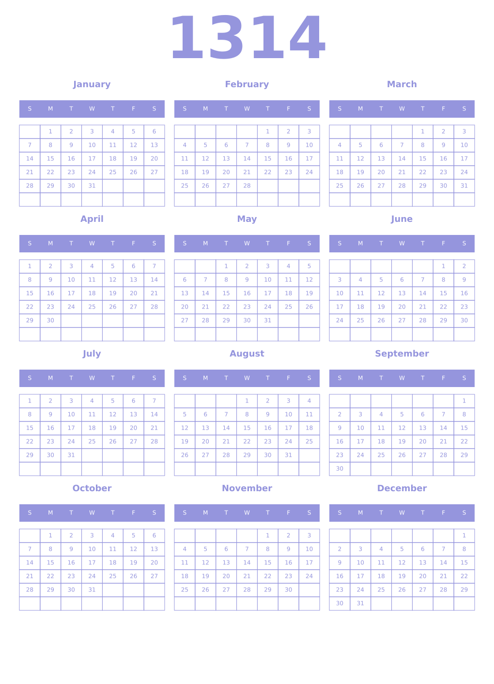 Printable 1314 Year Calendars periwinkle