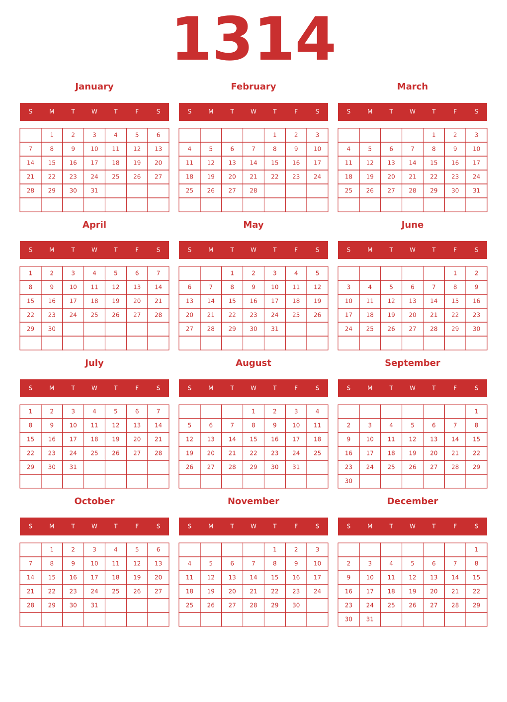 Printable 1314 Year Calendars red