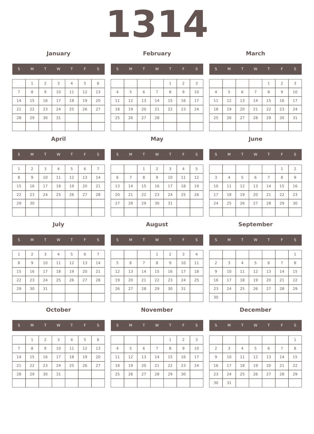 Printable 1314 Year Calendars wenge