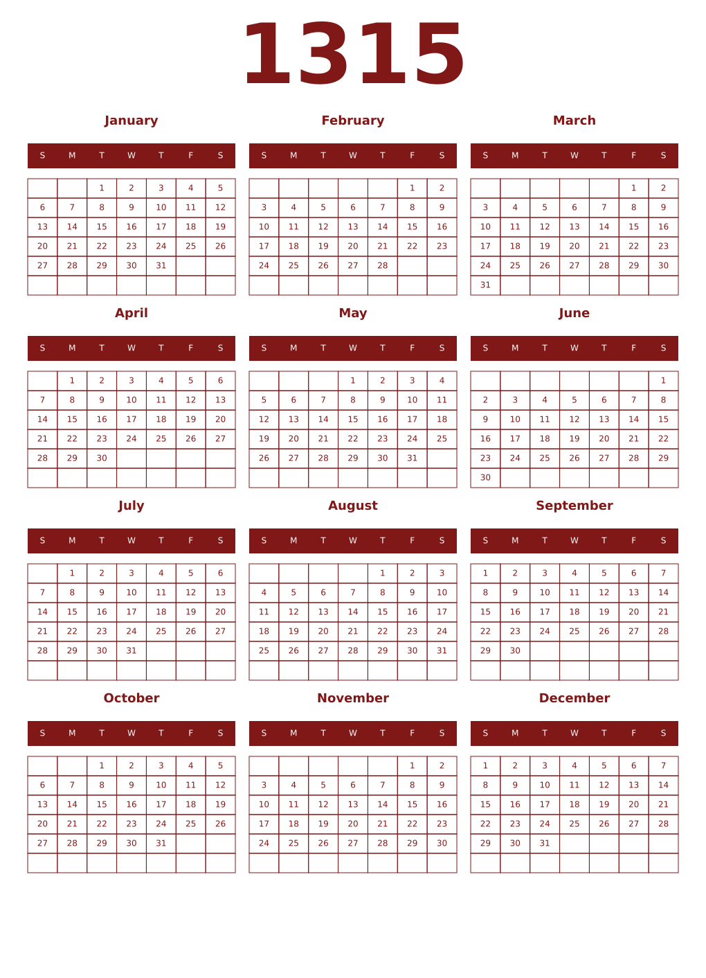 Printable 1315 Year Calendars falu