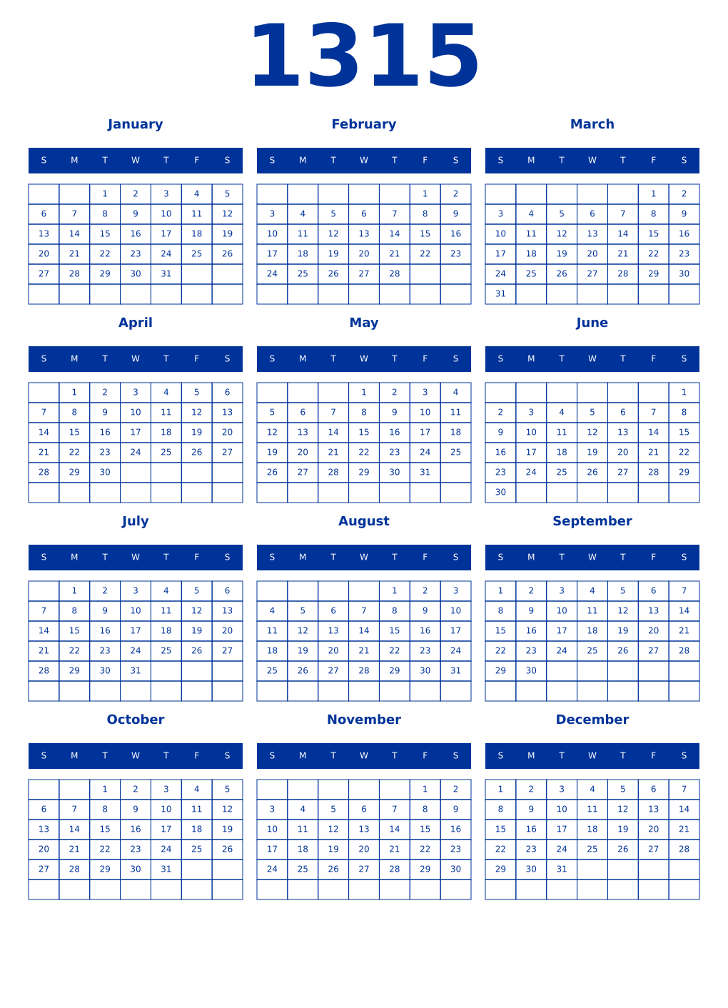 Printable 1315 Year Calendars smalt
