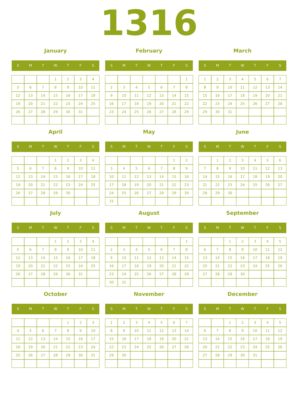 Printable 1316 Year Calendars chartreuse