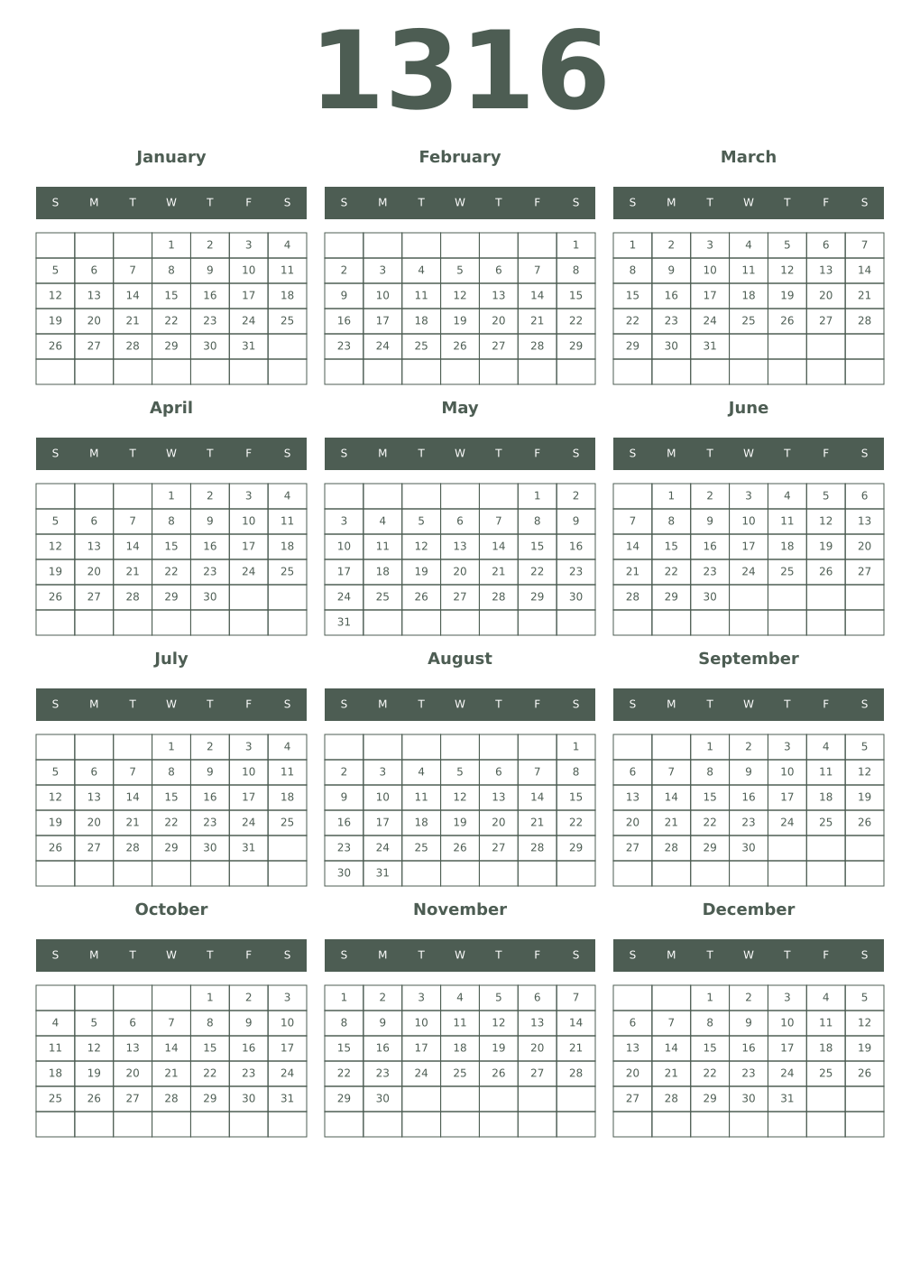 Printable 1316 Year Calendars feldgrau