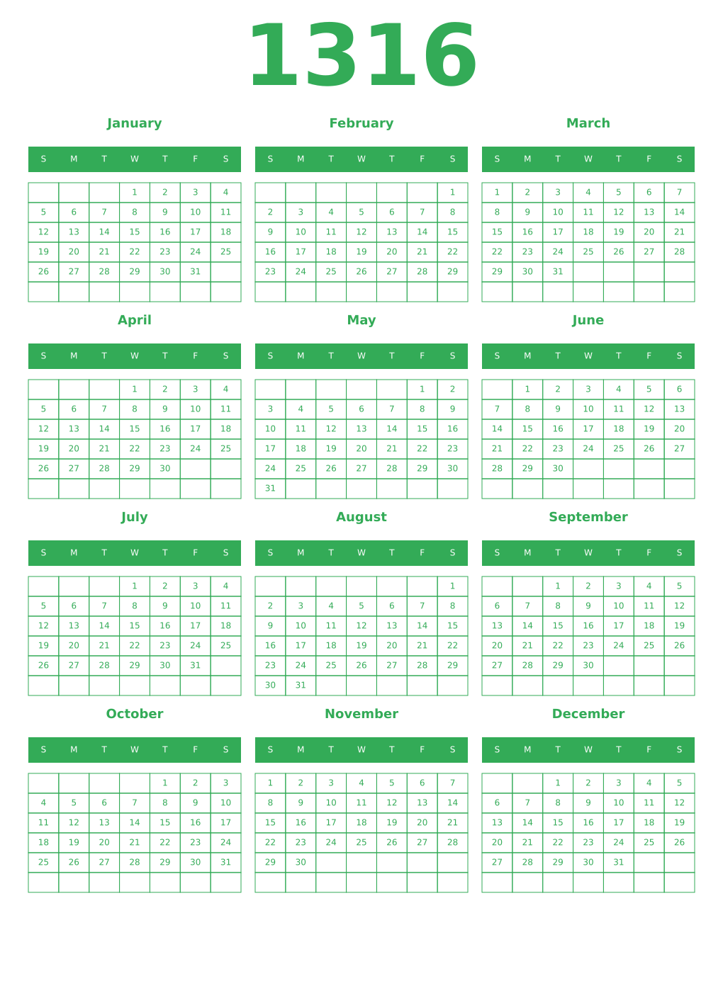Printable 1316 Year Calendars green