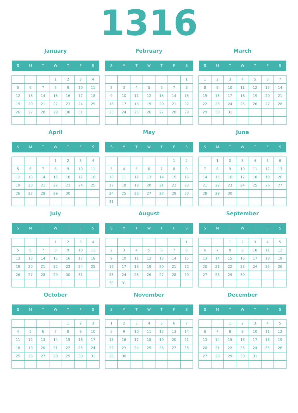 Printable 1316 Year Calendars verdigris