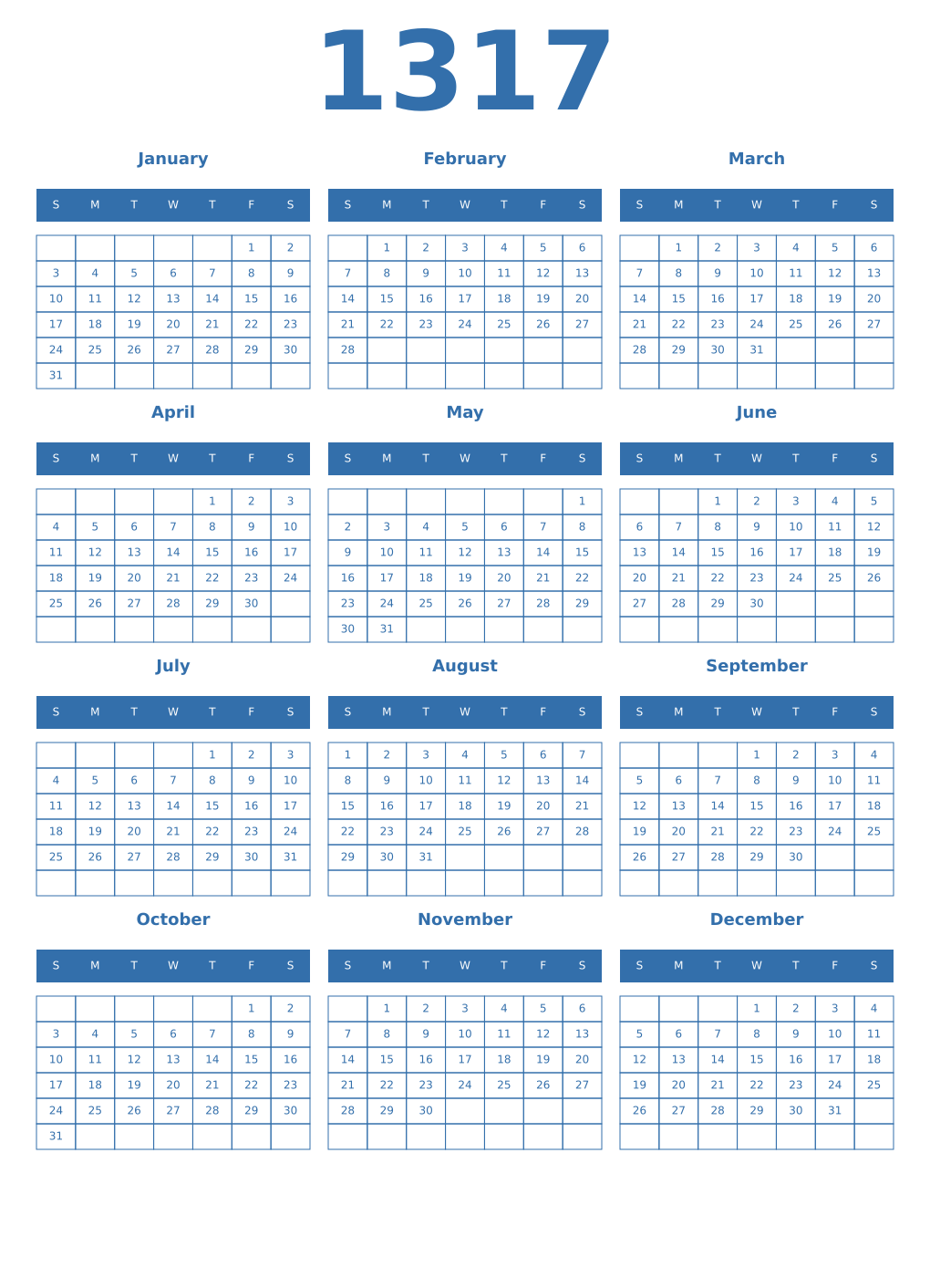 Printable 1317 Year Calendars blue
