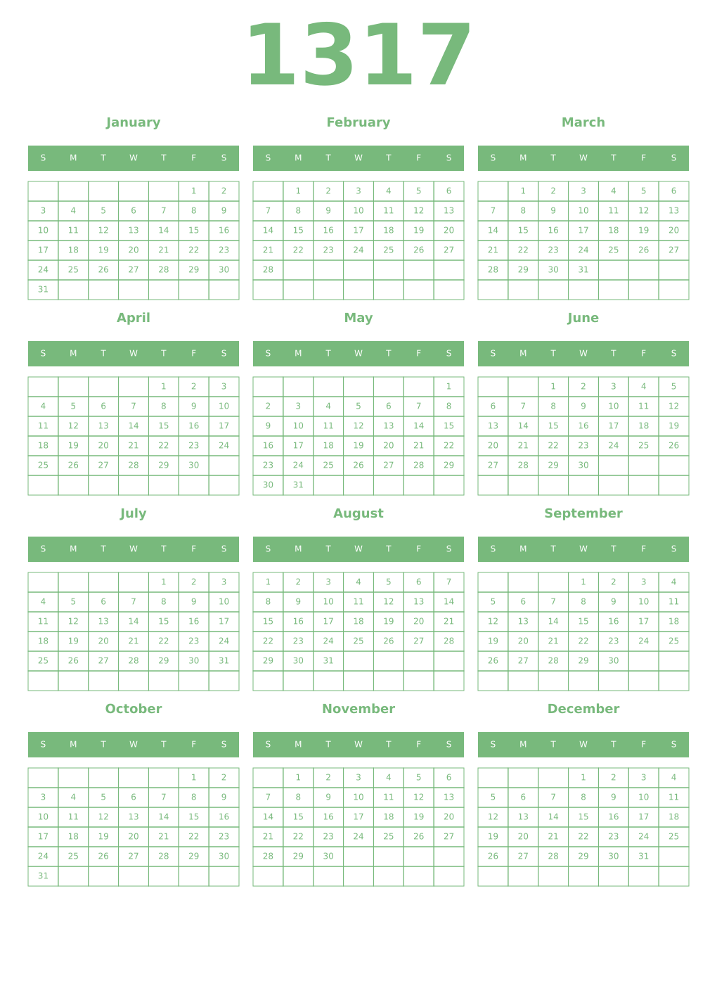 Printable 1317 Year Calendars celadon