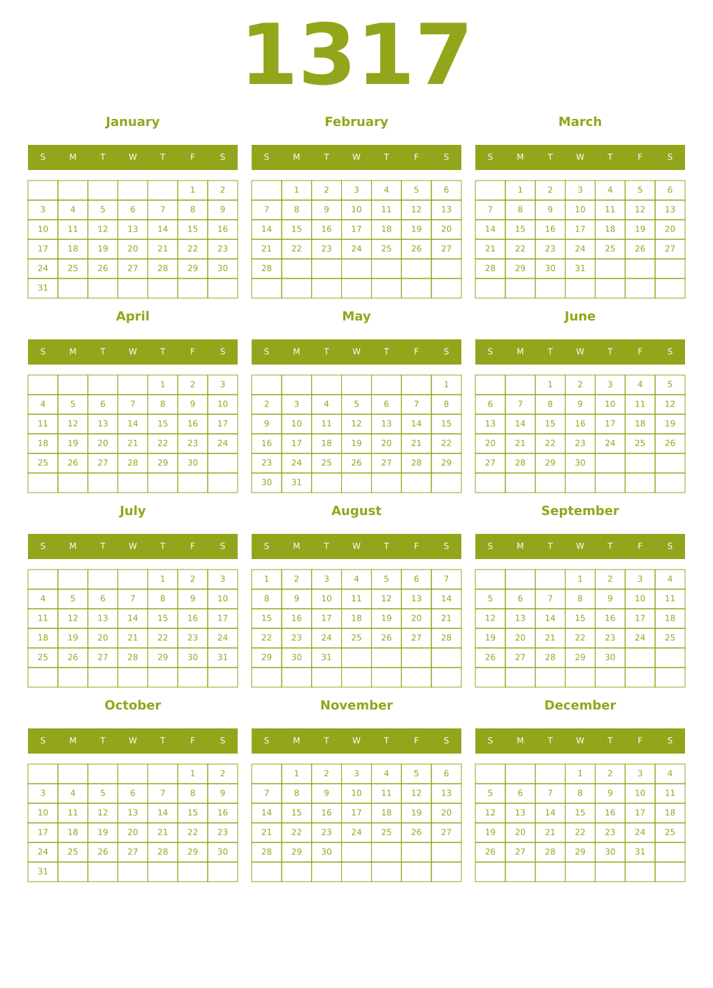Printable 1317 Year Calendars chartreuse