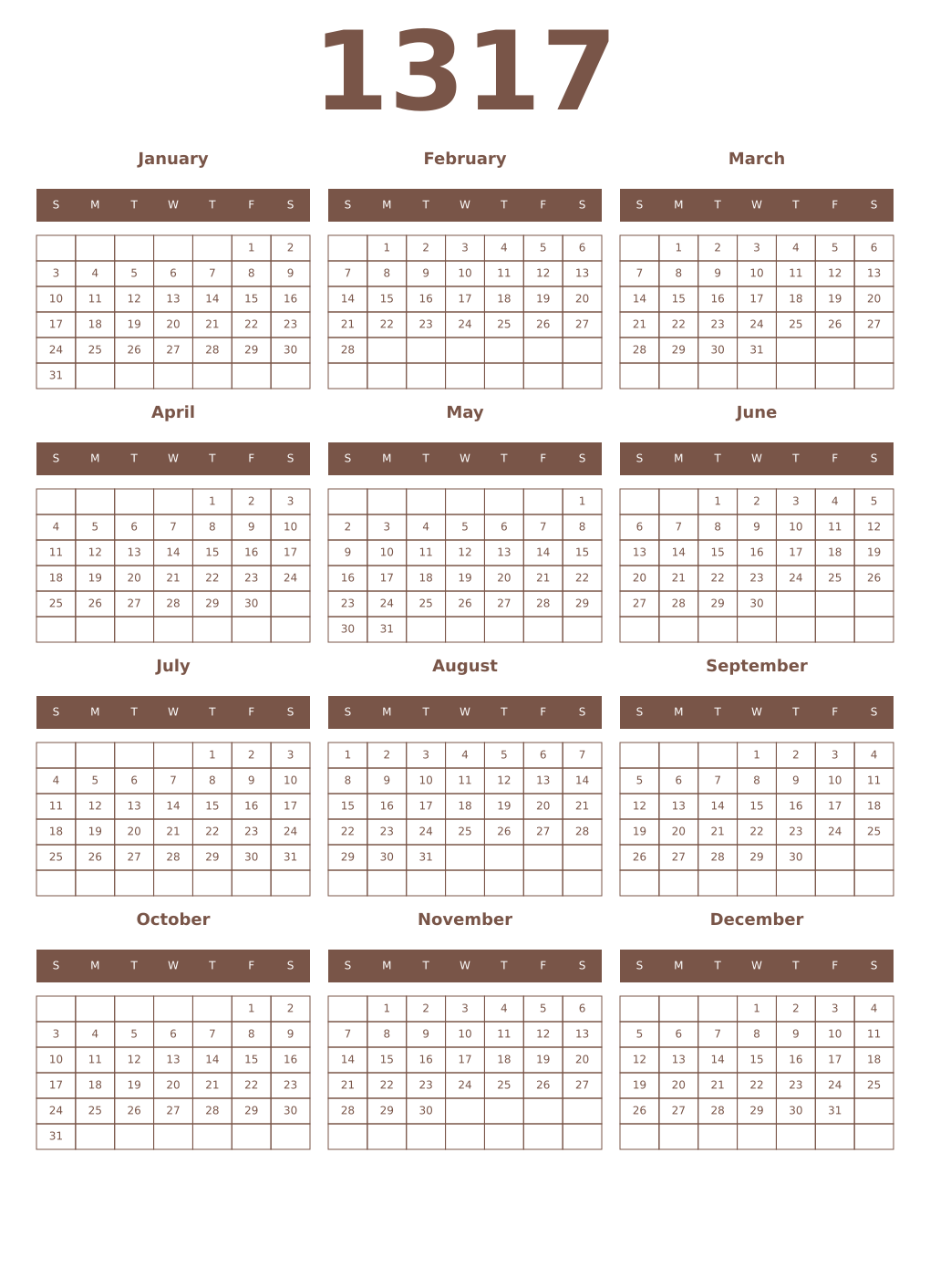 Printable 1317 Year Calendars coffe