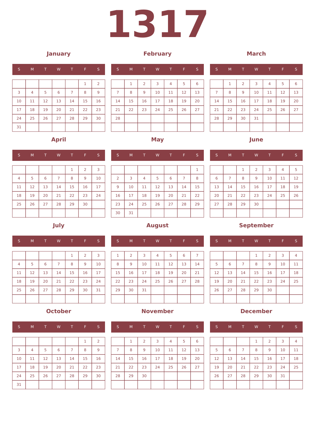 Printable 1317 Year Calendars cordovan