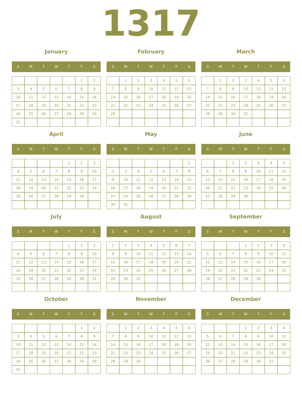 Printable 1317 Year Calendars eburnean