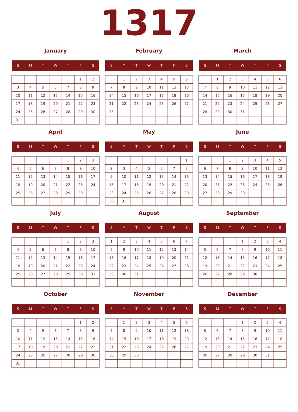 Printable 1317 Year Calendars falu