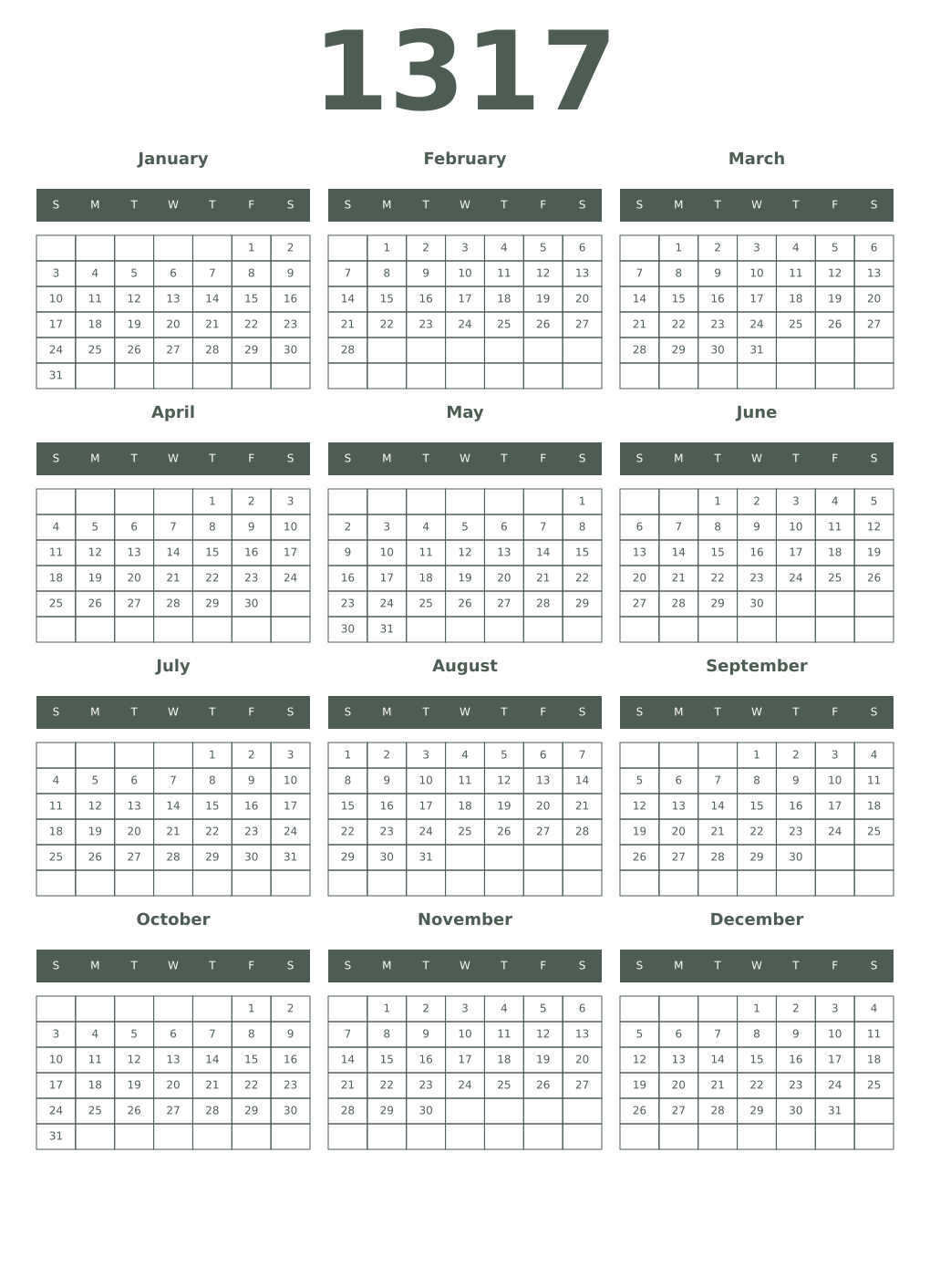 Printable 1317 Year Calendars feldgrau