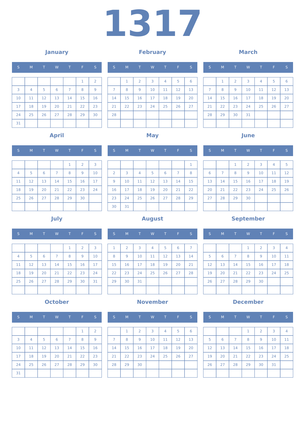 Printable 1317 Year Calendars glaucous