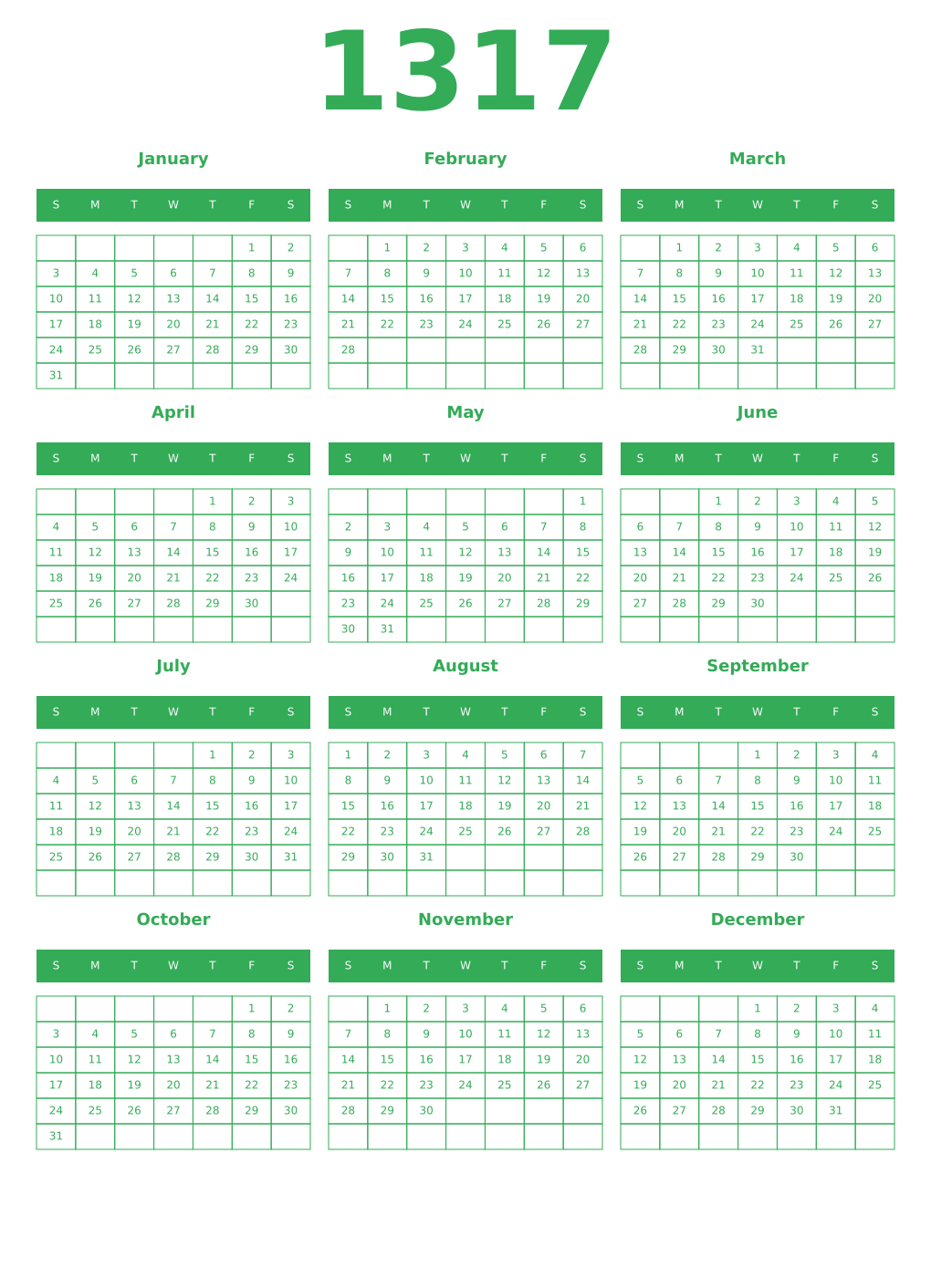 Printable 1317 Year Calendars green
