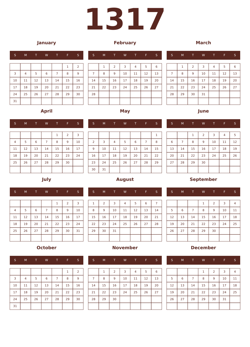 Printable 1317 Year Calendars mortuum