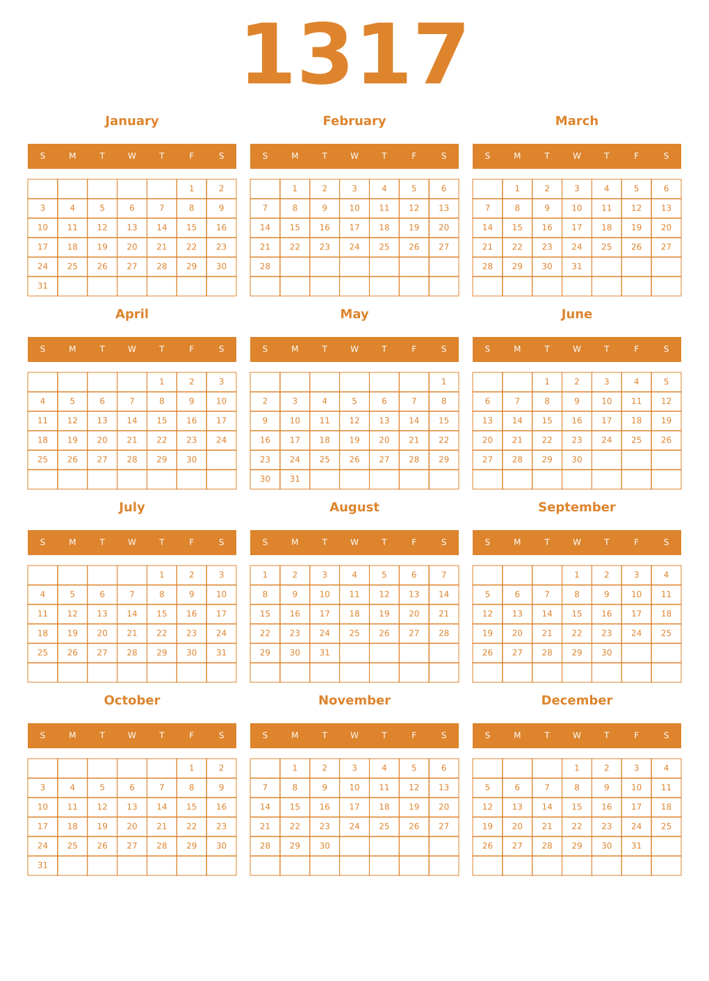 Printable 1317 Year Calendars orange