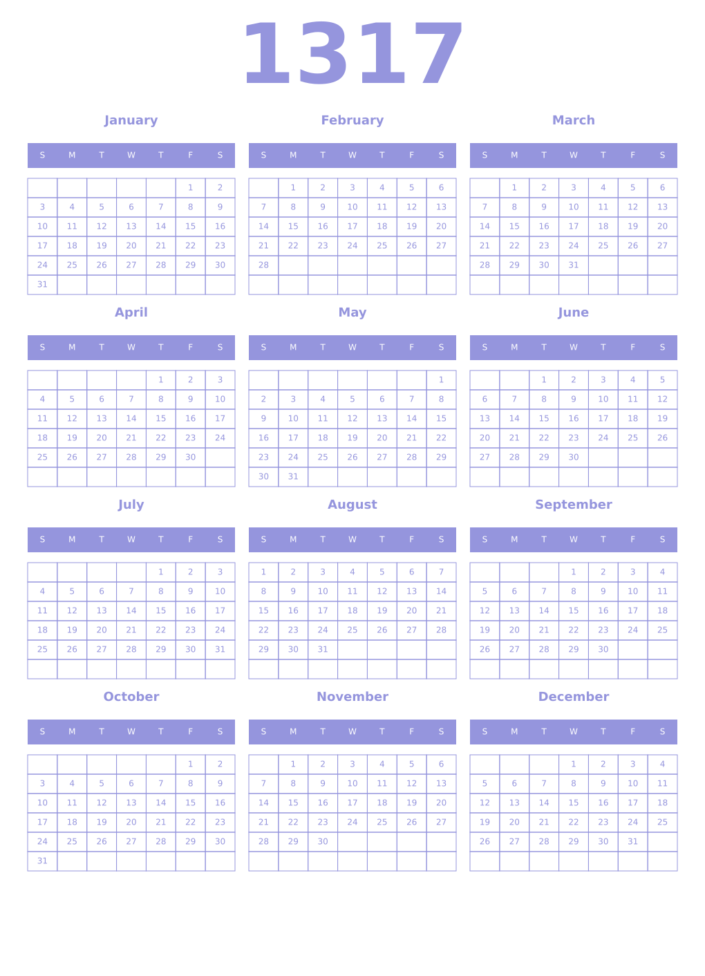 Printable 1317 Year Calendars periwinkle
