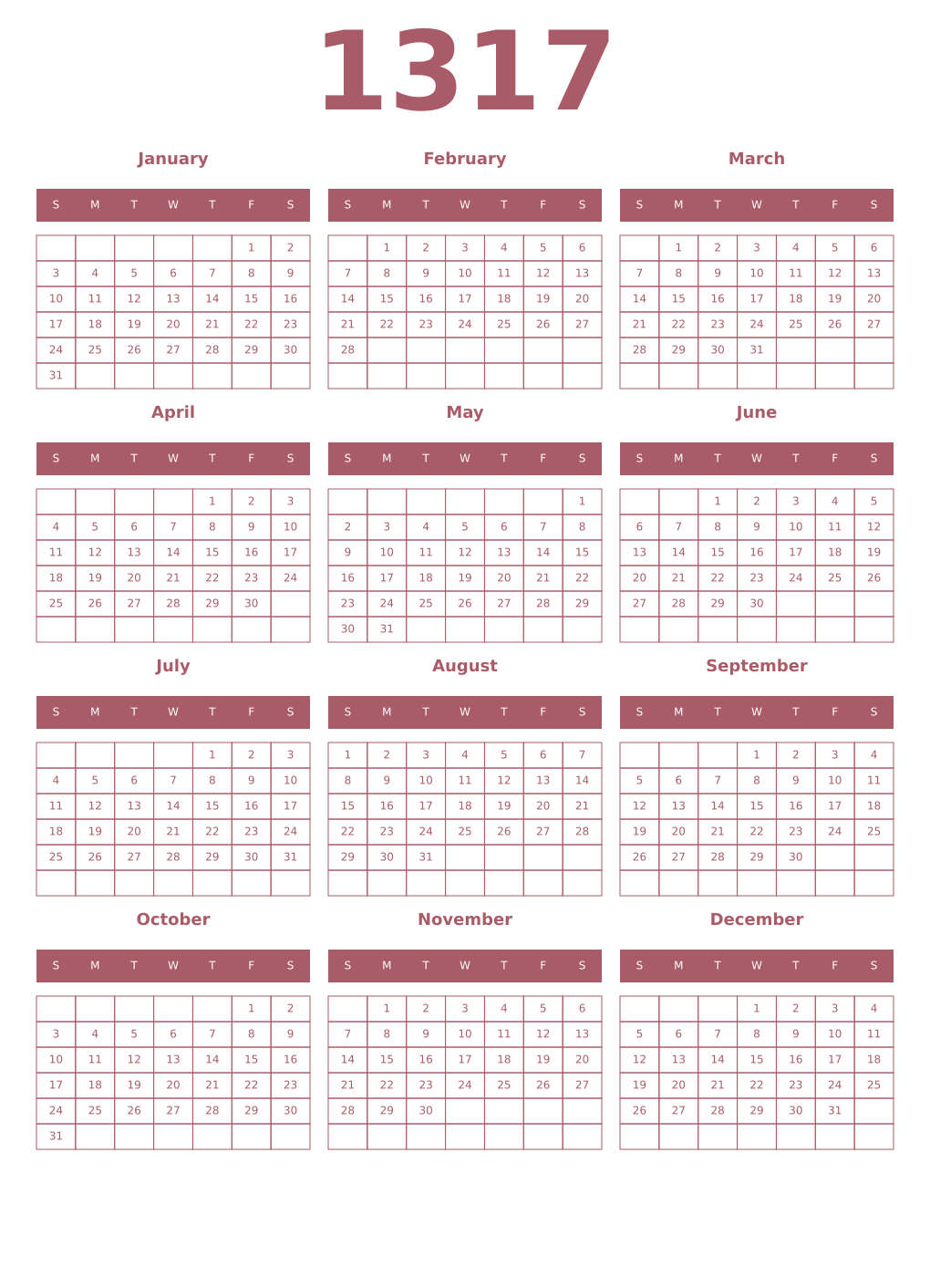 Printable 1317 Year Calendars puce