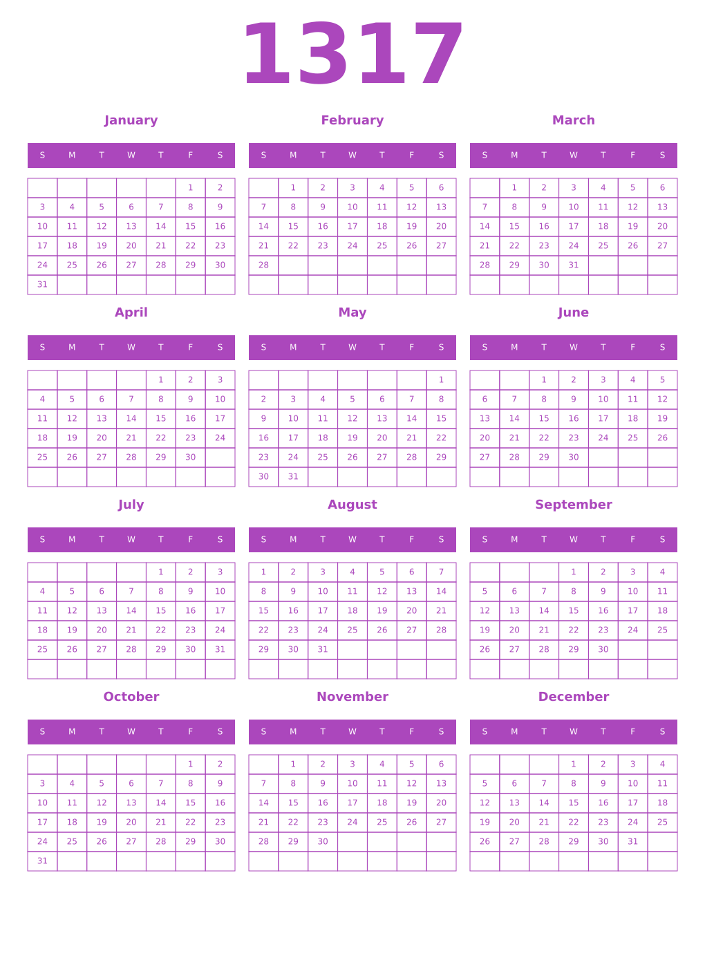 Printable 1317 Year Calendars purple