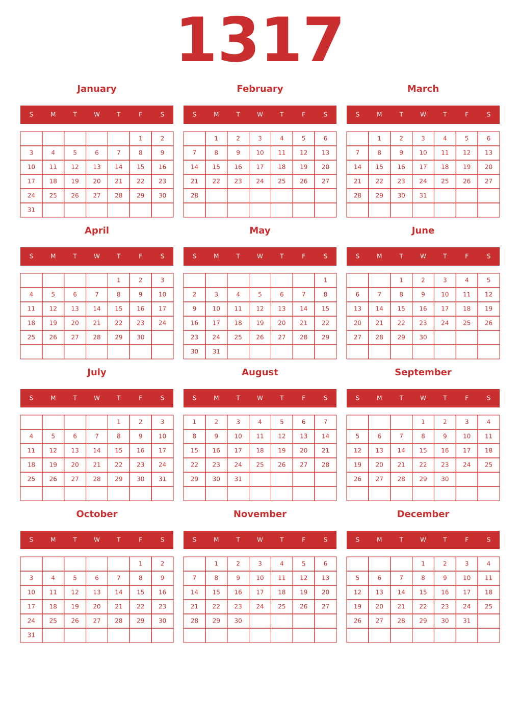 Printable 1317 Year Calendars red