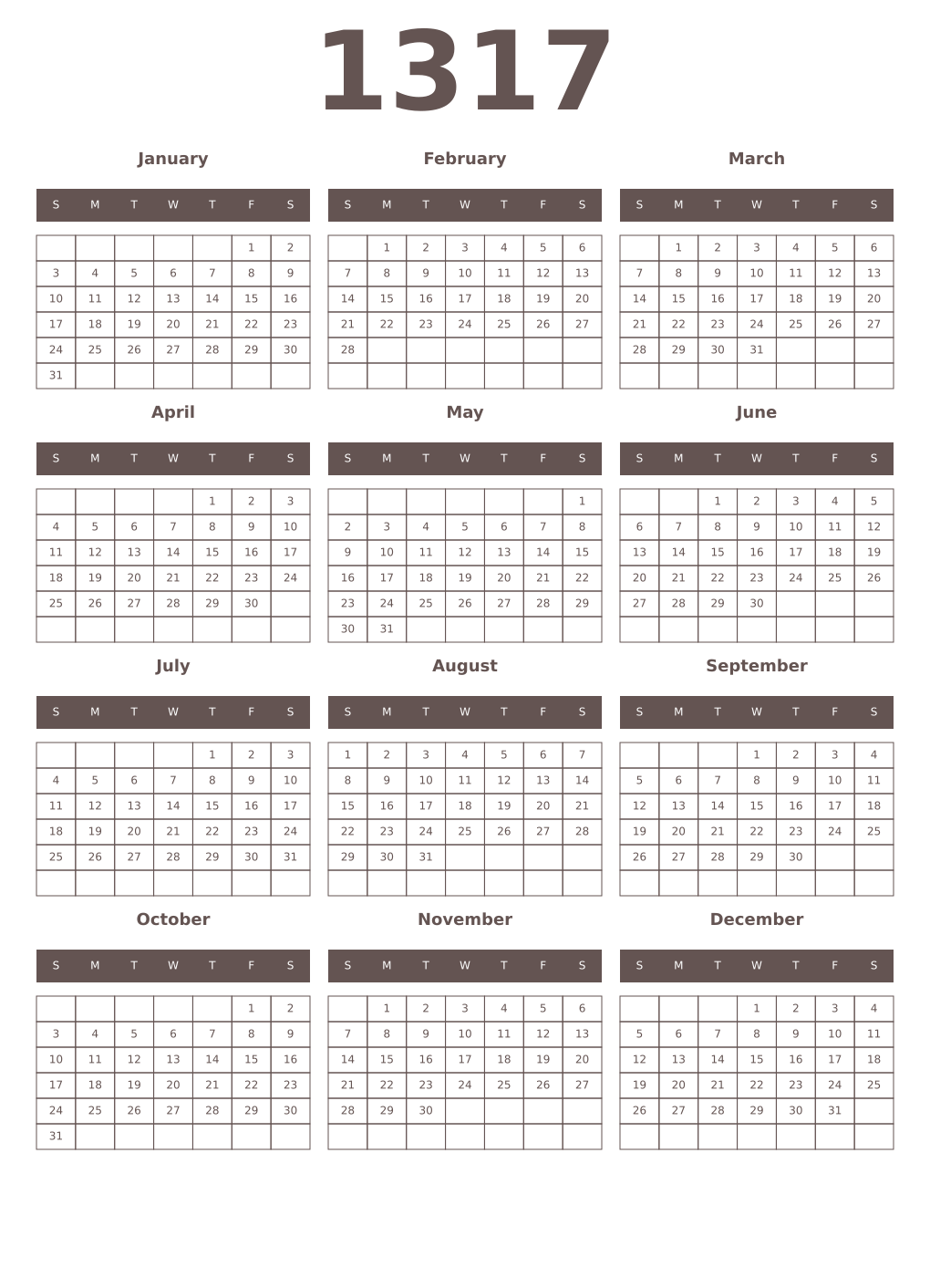 Printable 1317 Year Calendars wenge
