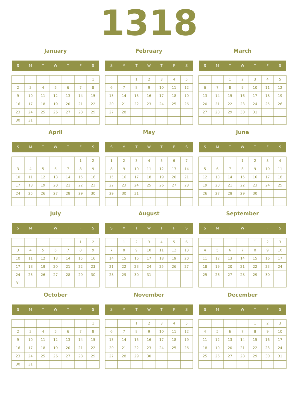 Printable 1318 Year Calendars eburnean