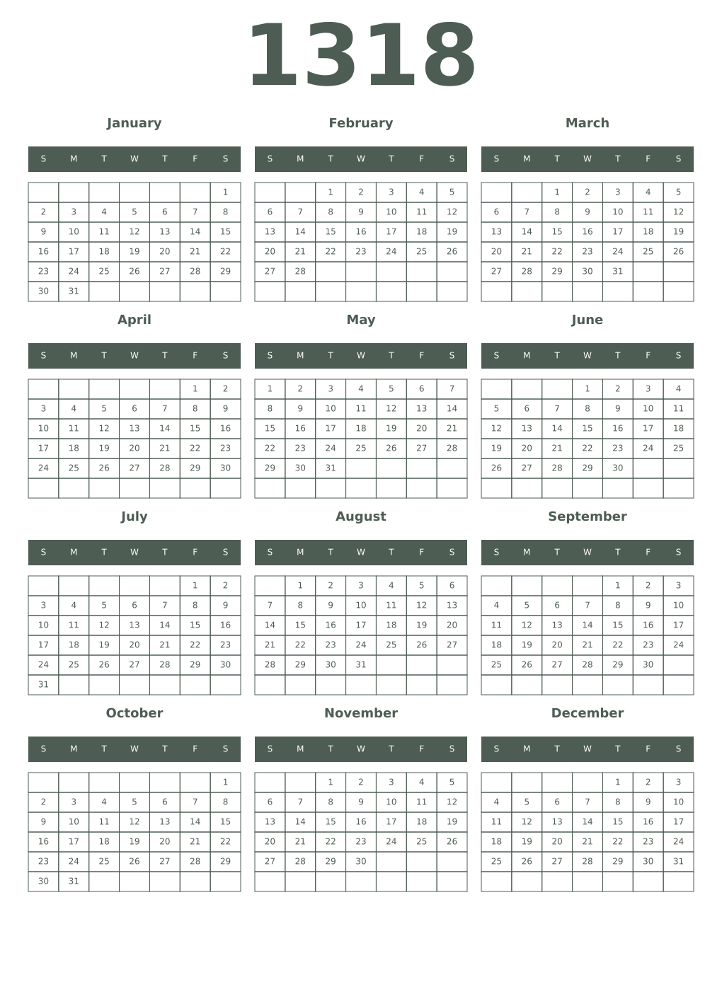 Printable 1318 Year Calendars feldgrau