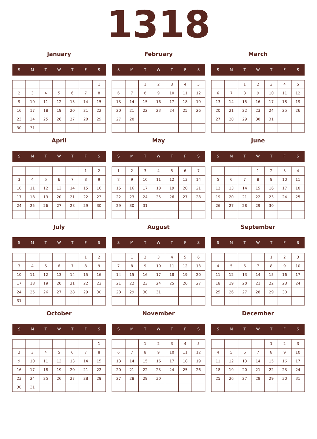 Printable 1318 Year Calendars mortuum