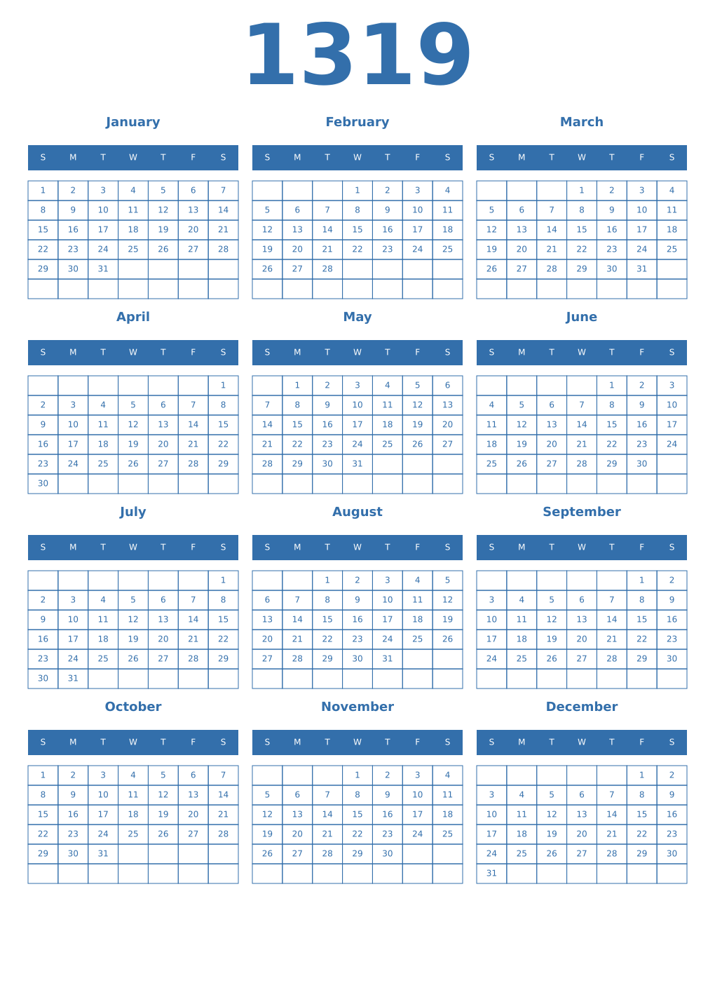 Printable 1319 Year Calendars blue
