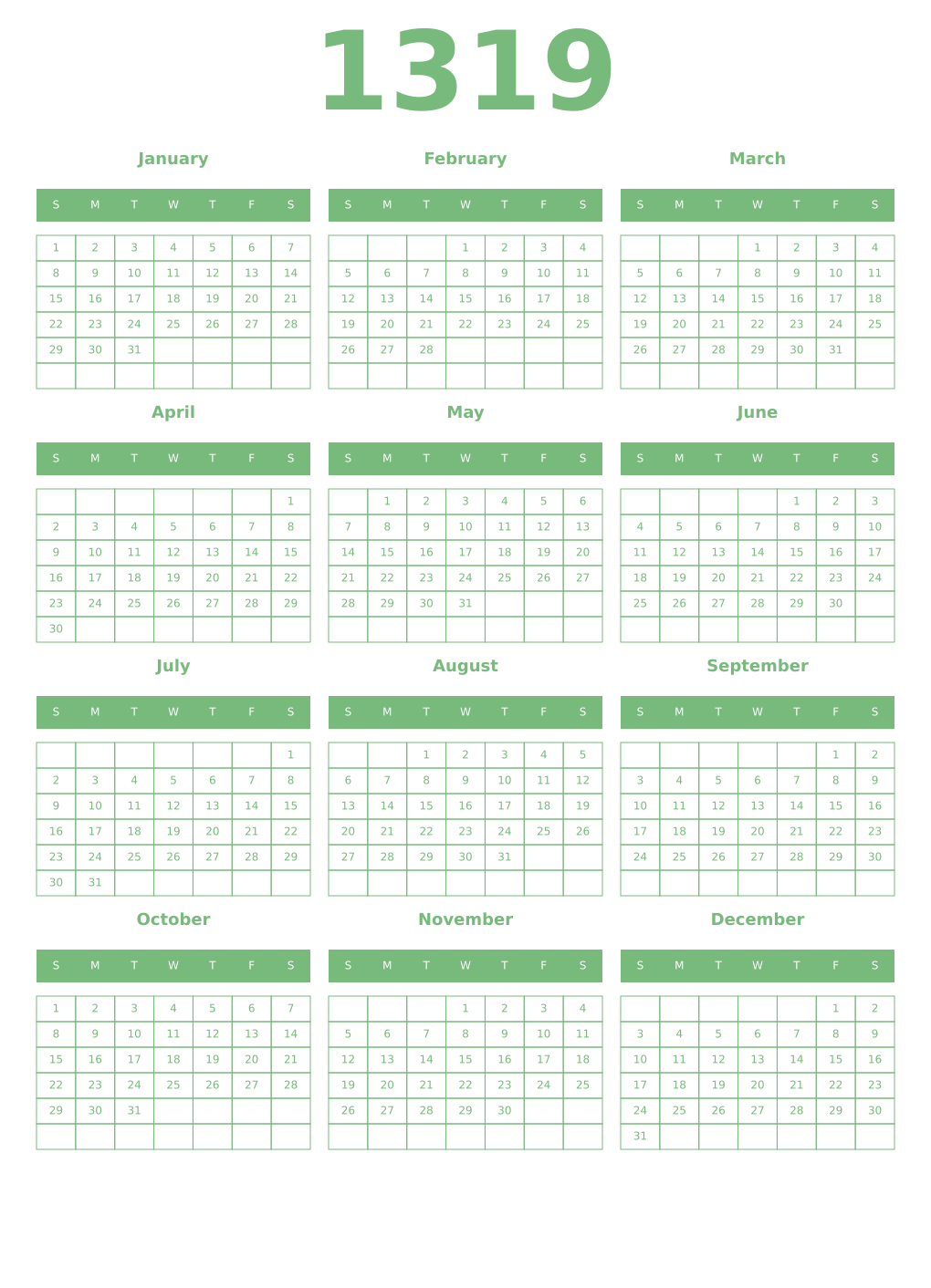 Printable 1319 Year Calendars celadon