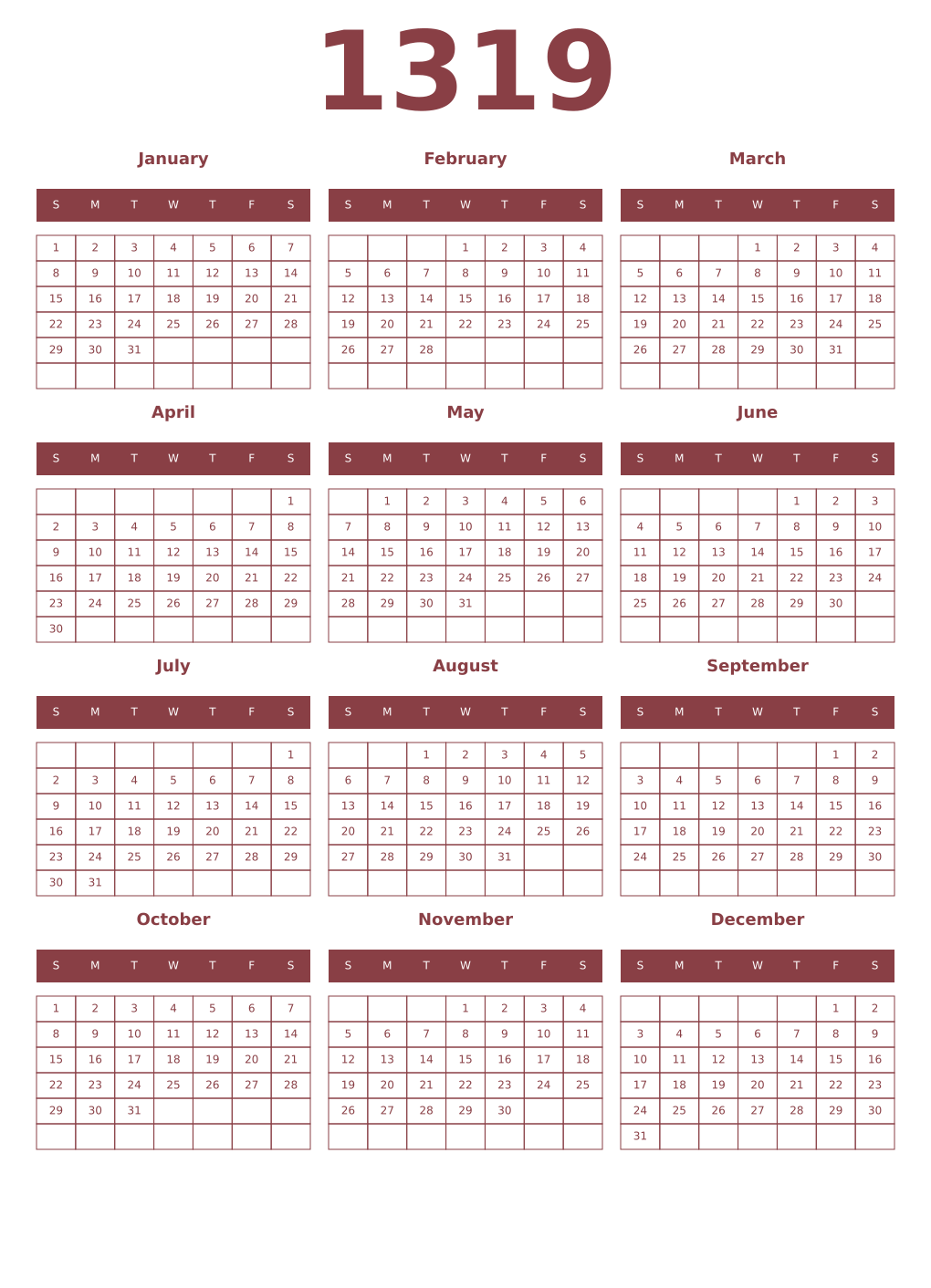 Printable 1319 Year Calendars cordovan