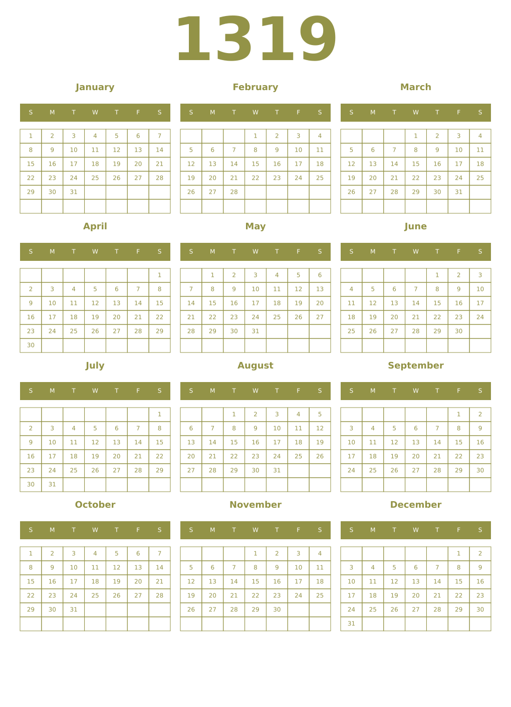 Printable 1319 Year Calendars eburnean