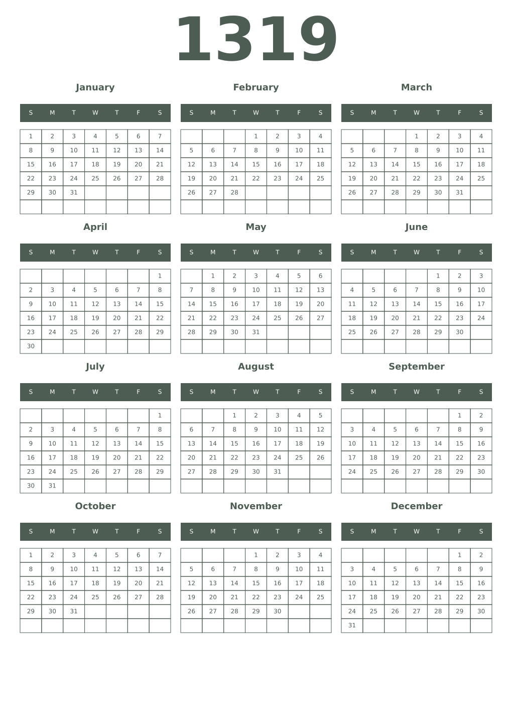 Printable 1319 Year Calendars feldgrau