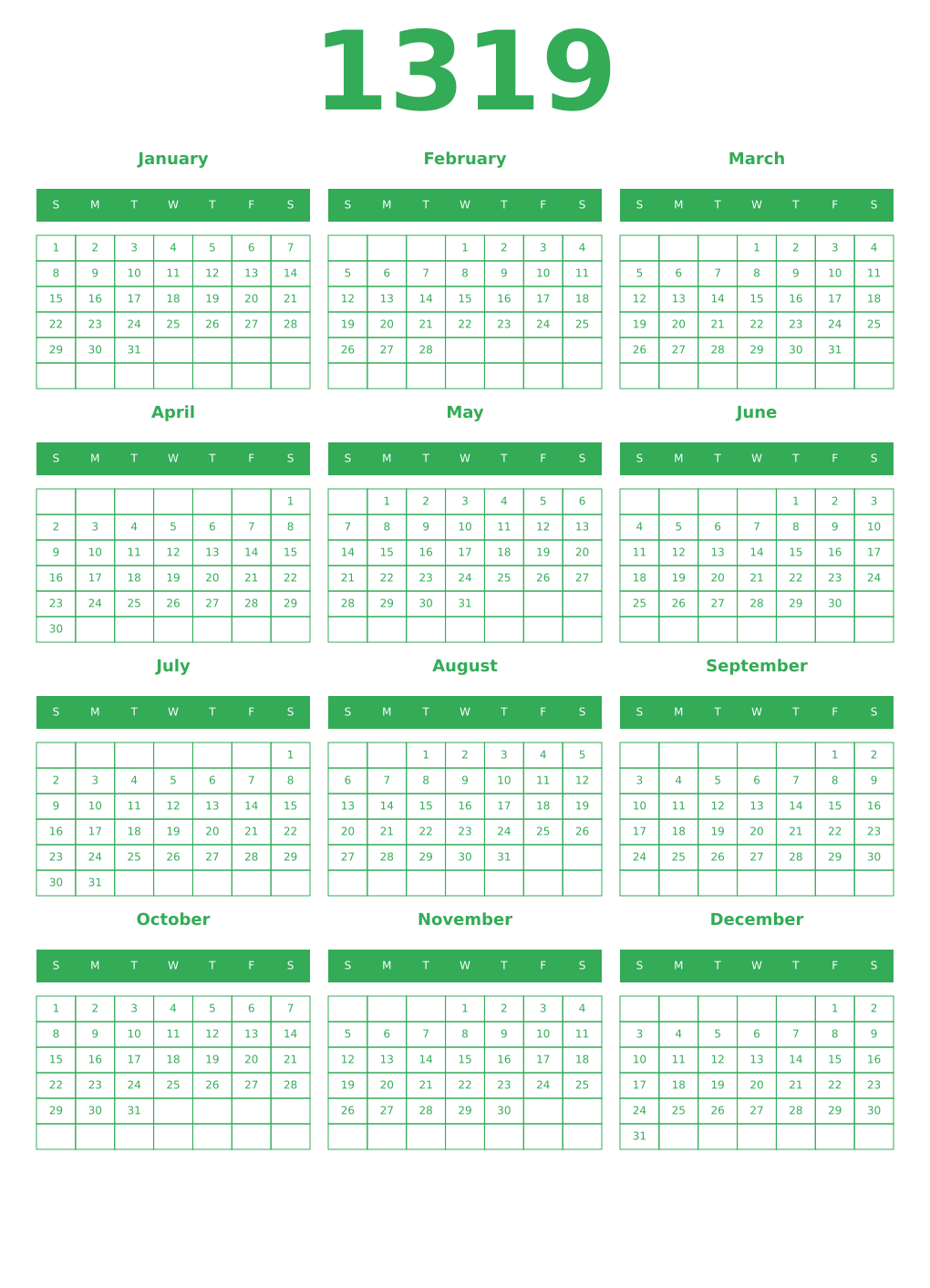 Printable 1319 Year Calendars green