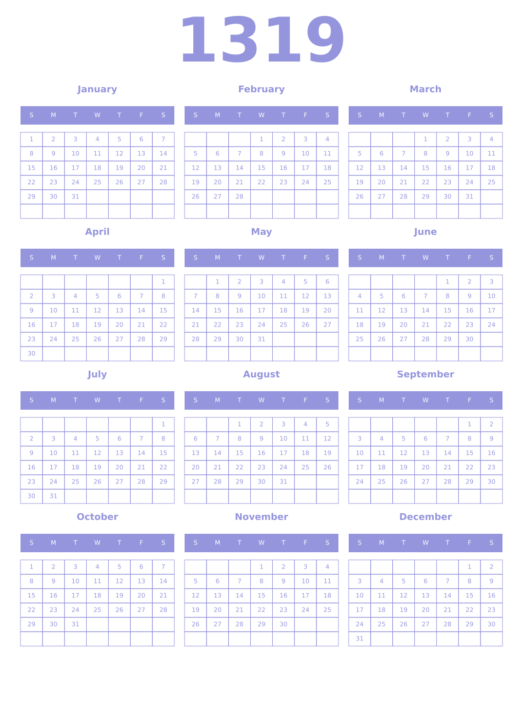 Printable 1319 Year Calendars periwinkle